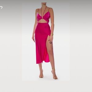 VITA CUT OUT HALTER NECK SATIN MIDI DRESS IN PINK